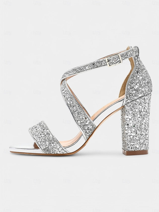 Heel Women's Sandals Block Glitter Gold