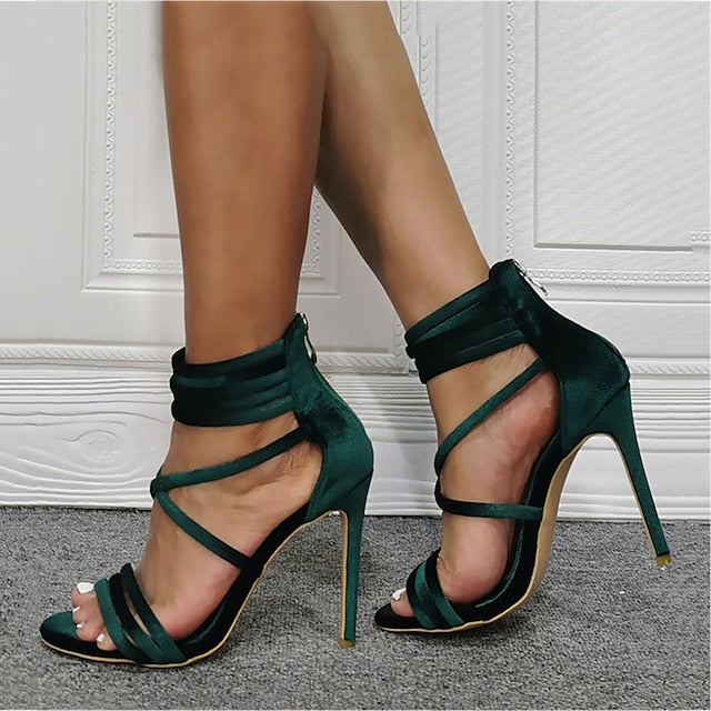 Heel Sandals Green Women's Stiletto Strappy – Satin Hover Image