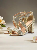 Heel Women's Sandals Block Glitter Gold