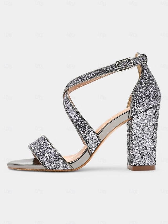 Heel Women's Sandals Block Glitter Gold