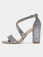 Heel Women's Sandals Block Glitter Gold