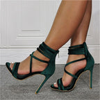 Heel Sandals Green Women's Stiletto Strappy – Satin